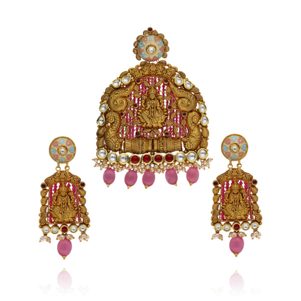 Tradition Meets Art Bridal Gold Temple Pendant Set